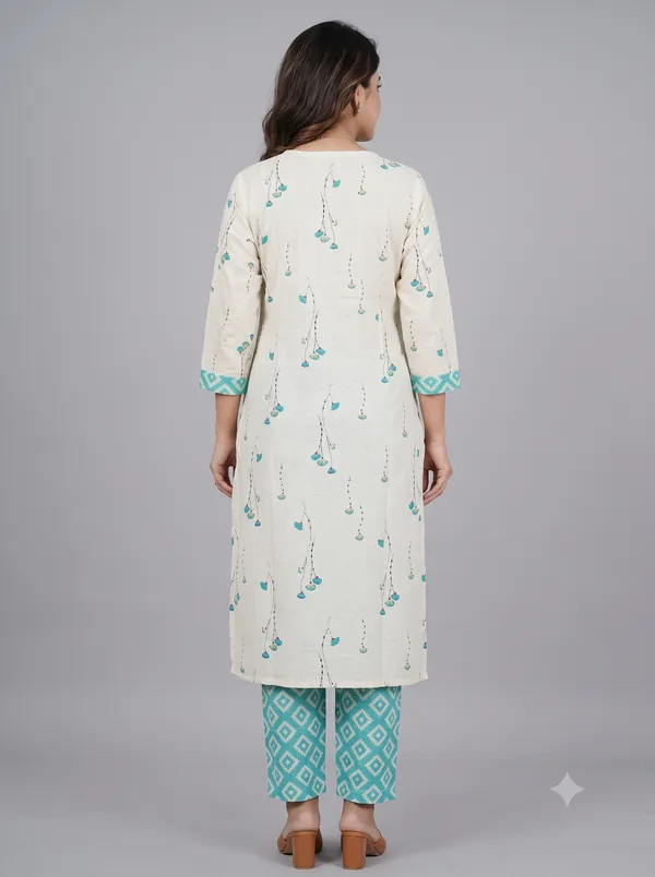 Cream_Cotton_Printed_Kurti_Pant_Set_For_Women_&_Girls