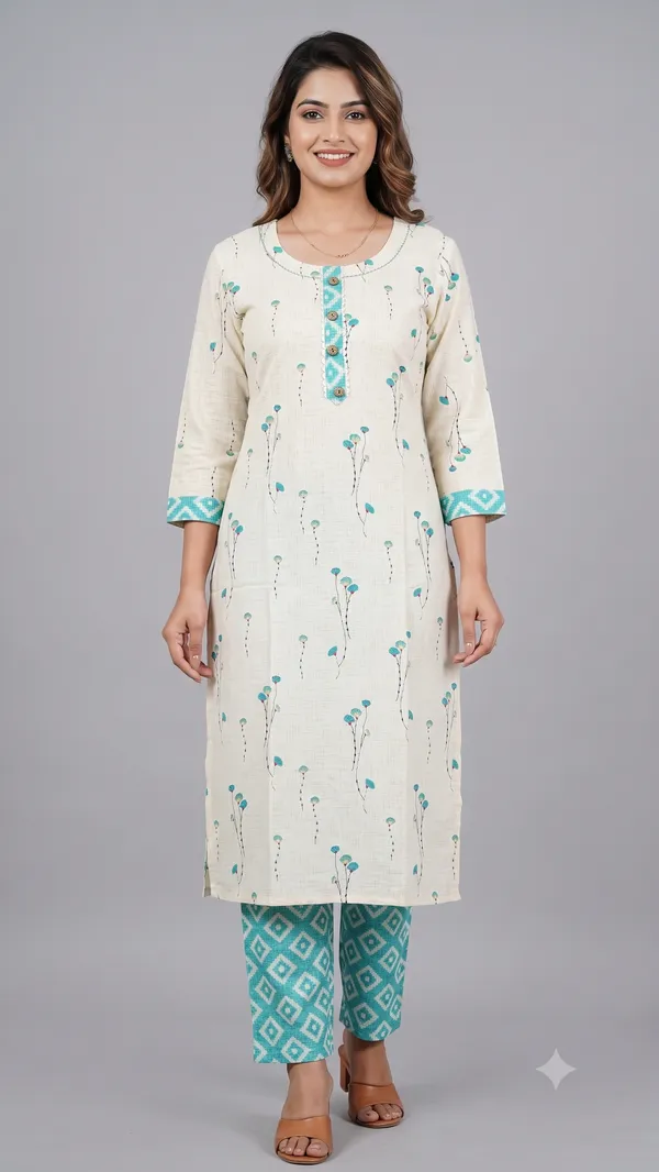 Cream_Cotton_Printed_Kurti_Pant_Set_For_Women_&_Girls