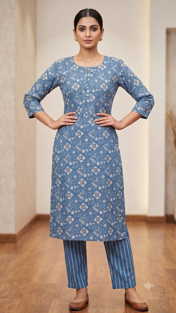 Blue_Printed_Straight_Kurta_Pant_Set_For_Women_&_Girls