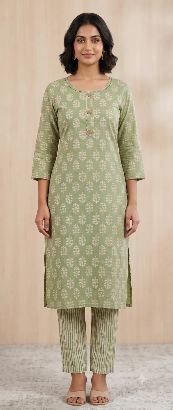 Green_Floral_Straight_Kurta_Pant_Set_For_Women_&_Girls