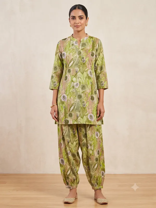 Green_Floral_Print_Kurti_Salwar_Set_For_Women_&_Girls