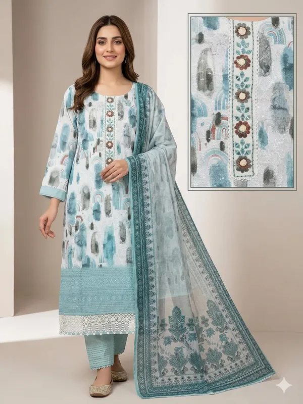 White_Blue_Embroidered_Kurta_Pant_Dupatta_Set_For_Women_&_Girls