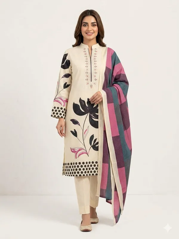 Cream_Printed_Kurta_Pant_Dupatta_Set_For_Women