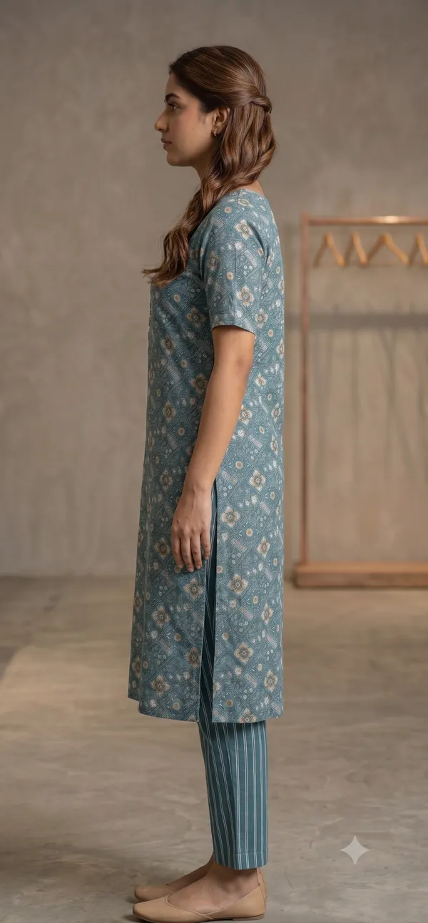 Teal_Printed_Kurta_Pant_Set_For_Women