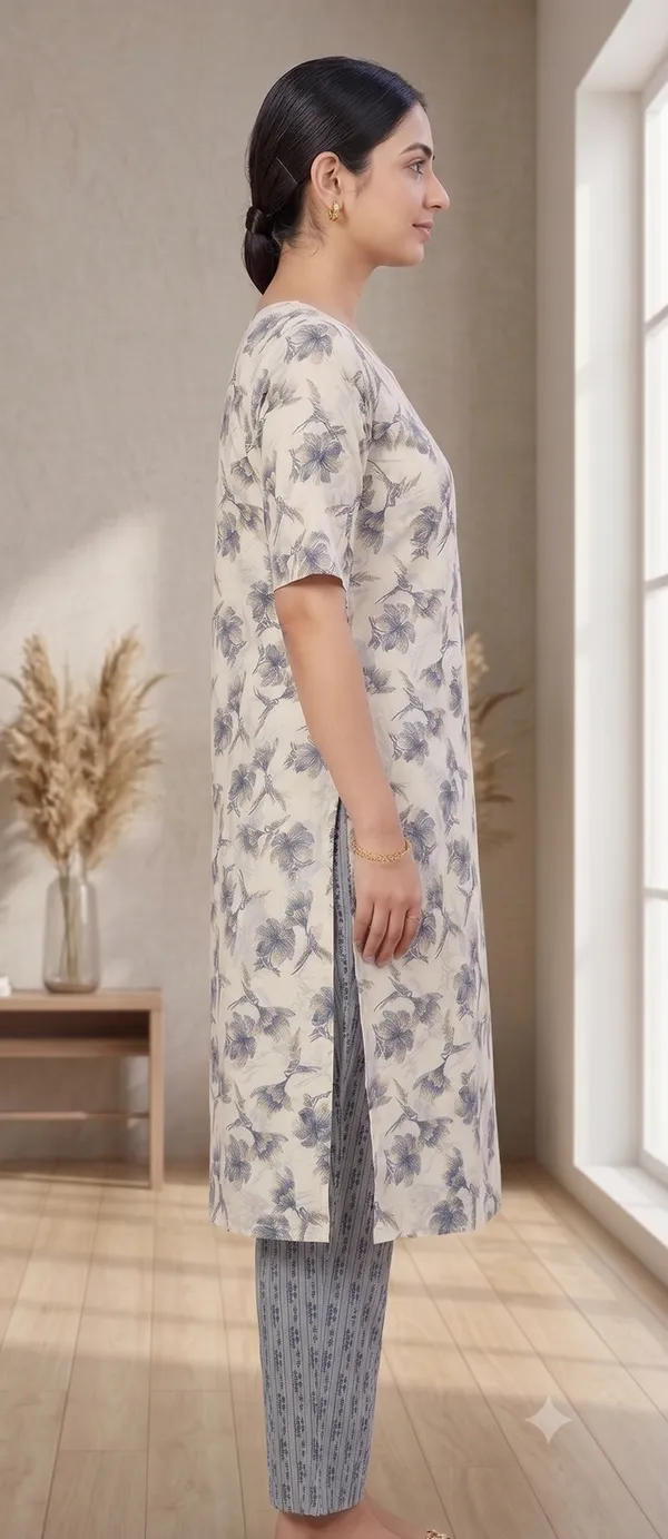 Blue_Floral_Print_Kurta_Pant_Set_For_Women_&_Girls