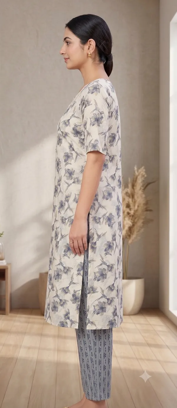 Blue_Floral_Print_Kurta_Pant_Set_For_Women_&_Girls