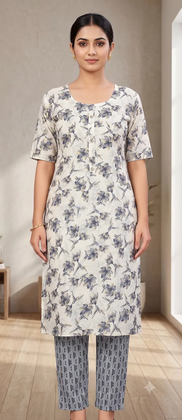 Blue_Floral_Print_Kurta_Pant_Set_For_Women_&_Girls