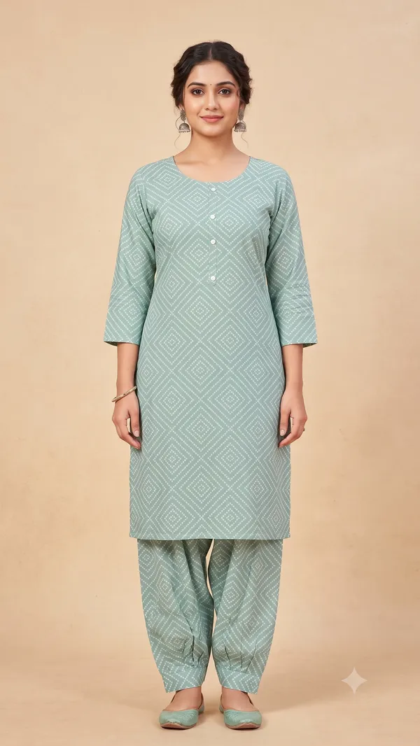 Green_Geometric_Print_Kurti_Salwar_Set_For_Women_&_Girls