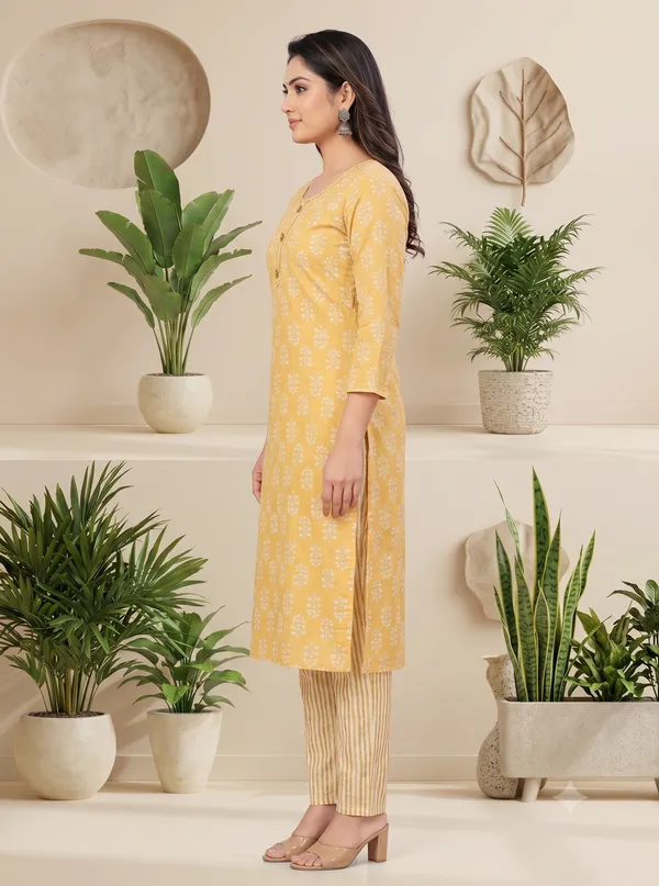 Mustard_Floral_Print_Straight_Kurta_Pant_Set_For_Women_&_Girls