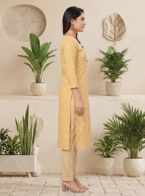 Mustard_Floral_Print_Straight_Kurta_Pant_Set_For_Women_&_Girls