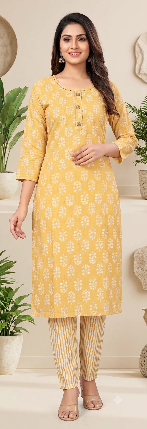 Mustard_Floral_Print_Straight_Kurta_Pant_Set_For_Women_&_Girls