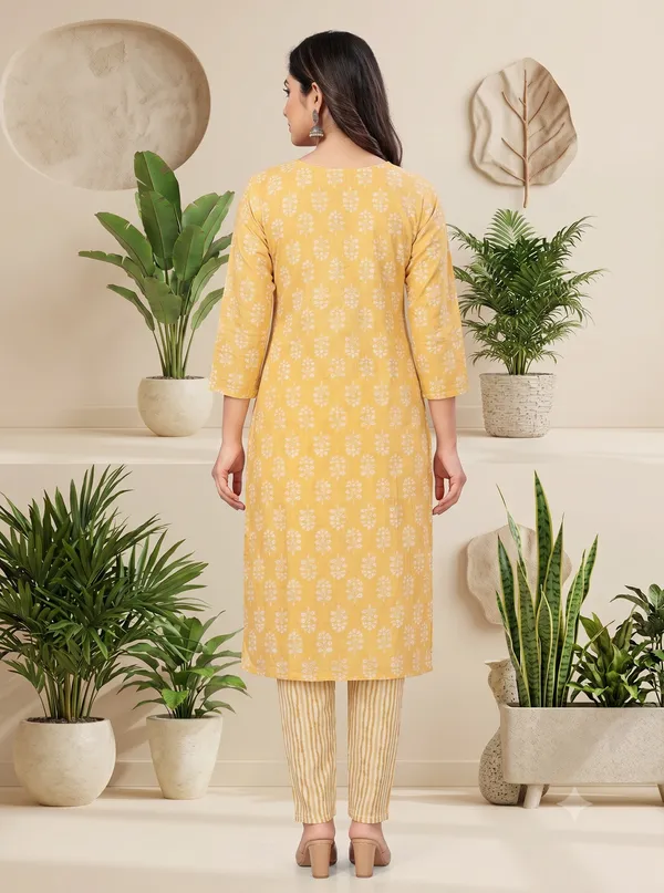 Mustard_Floral_Print_Straight_Kurta_Pant_Set_For_Women_&_Girls