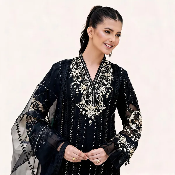 Black_Chiffon_Embroidered_Unstitched_Straight_Kurta_Set_For_Women