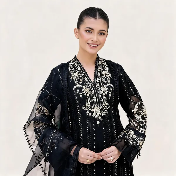 Black_Chiffon_Embroidered_Unstitched_Straight_Kurta_Set_For_Women
