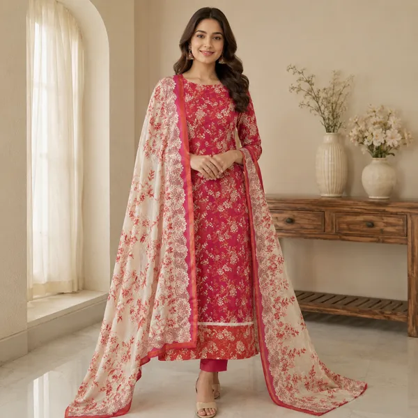 Red_Lawn_Floral_Print_Unstitched_Saree_For_Women