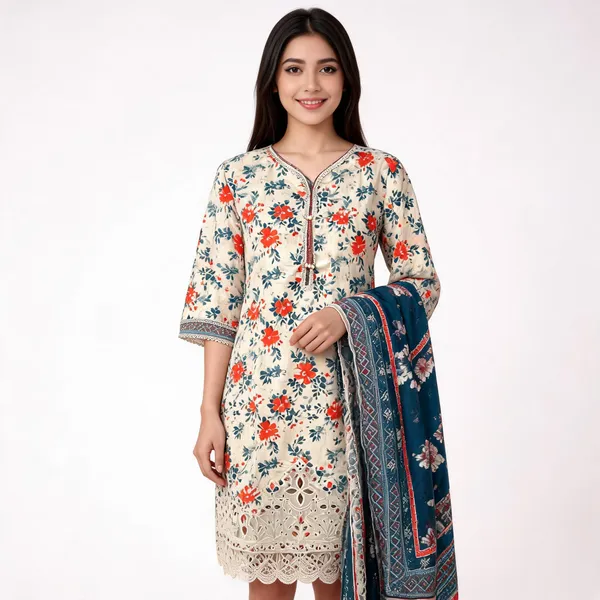 Cream_Lawn_Floral_Print_Stitched_Straight_Kurta_Set_For_Women