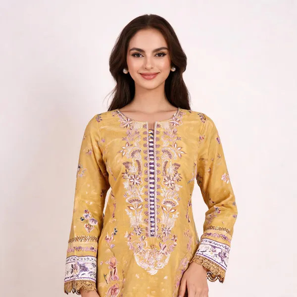 Yellow_Lawn_Stitched_Floral_Embroidered_Kurta_Set_For_Women