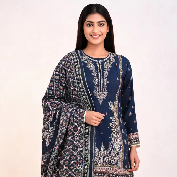 Navy_Blue_Printed_Lawn_Unstitched_Floral_Kurta_Set_For_Women