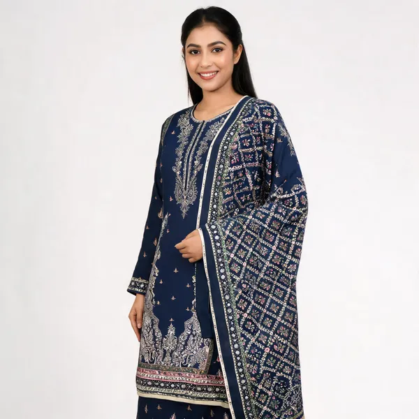 Navy_Blue_Printed_Lawn_Unstitched_Floral_Kurta_Set_For_Women