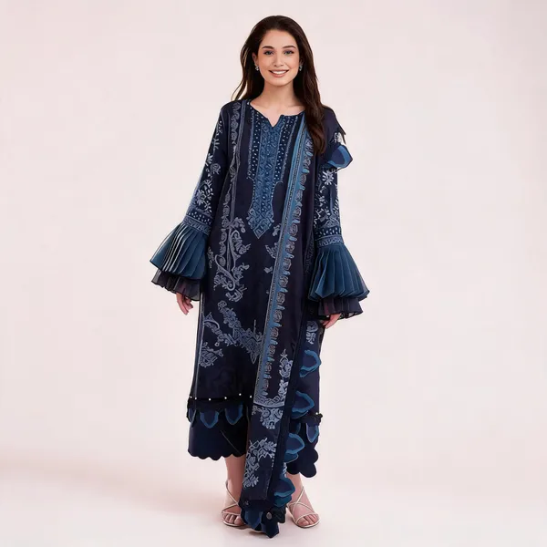 Navy_Lawn_Unstitched_Printed_Flared_Kurta_Set_For_Women