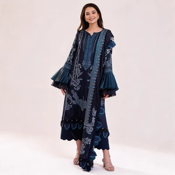 Navy_Lawn_Unstitched_Printed_Flared_Kurta_Set_For_Women