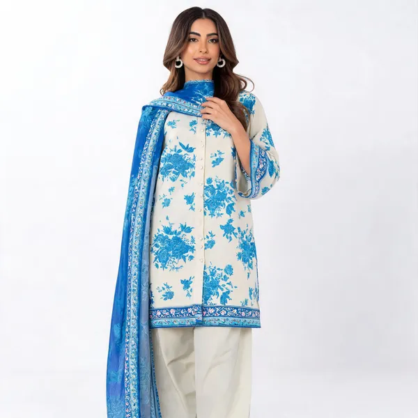 Blue_Printed_Lawn_Unstitched_Floral_Straight_Kurta_Set_For_Women