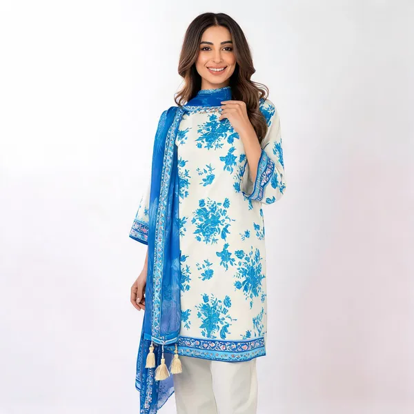 Blue_Printed_Lawn_Unstitched_Floral_Straight_Kurta_Set_For_Women