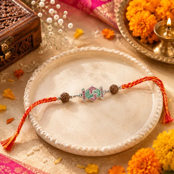 Multicolour_Thread_Rudraksha_Om_Sterling_Silver_Rakhi_For_Men