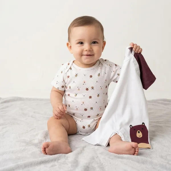 White_Cotton_Short_Sleeve_Bear_Print_Bodysuit_And_Romper_Set_For_Babies