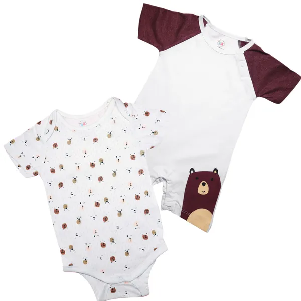 White_Cotton_Short_Sleeve_Bear_Print_Bodysuit_And_Romper_Set_For_Babies