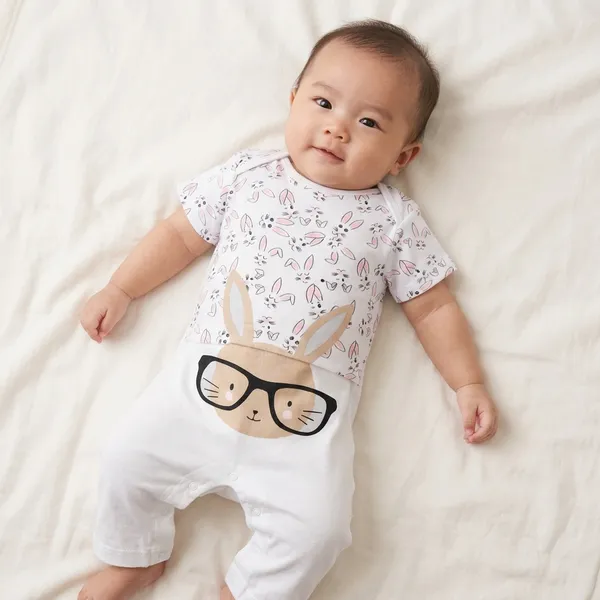 White_Cotton_Short_Sleeve_Rabbit_Print_Onesie_Set_For_Babies
