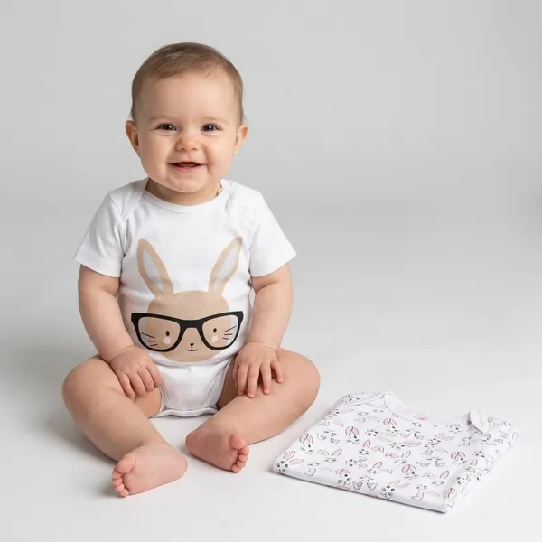 White_Cotton_Short_Sleeve_Rabbit_Print_Onesie_Set_For_Babies