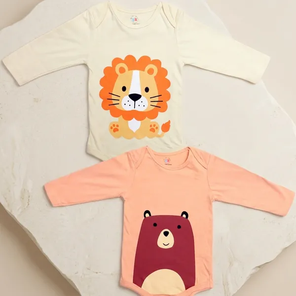 Cream_Peach_Cotton_Full_Sleeve_Lion_Bear_Print_Onesie_Set_For_Babies