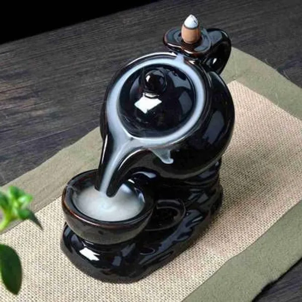 Pickartme_Ceramic_Tea_Kettle_Design_Incense_Burner_Smoke_Backflow_Cone_Incense_Holder_Decorative_Showpiece_With_10_Free_Smoke_Backflow_Cones_Black