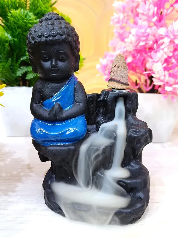 Pickartme_Polyresin_Meditating_Monk_Buddha_Smoke_Backflow_Cone_Incense_Holder_Decorative_Showpiece_With_10_Free_Smoke_Backflow_Scented_Cone_Incenses_Blue