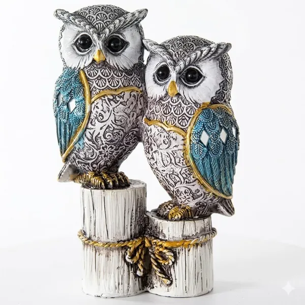 Pickartme_Decorative_Owl_Figurine_Set_White_And_Blue_Resin_Intricate_Pattern_Design_Home_Decor