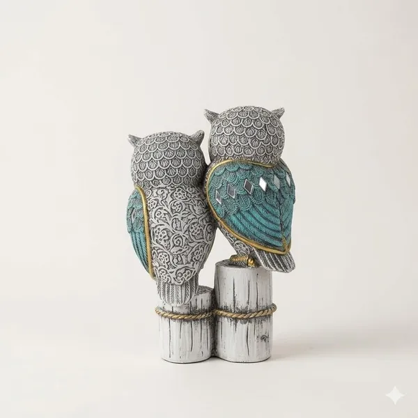 Pickartme_Decorative_Owl_Figurine_Set_White_And_Blue_Resin_Intricate_Pattern_Design_Home_Decor