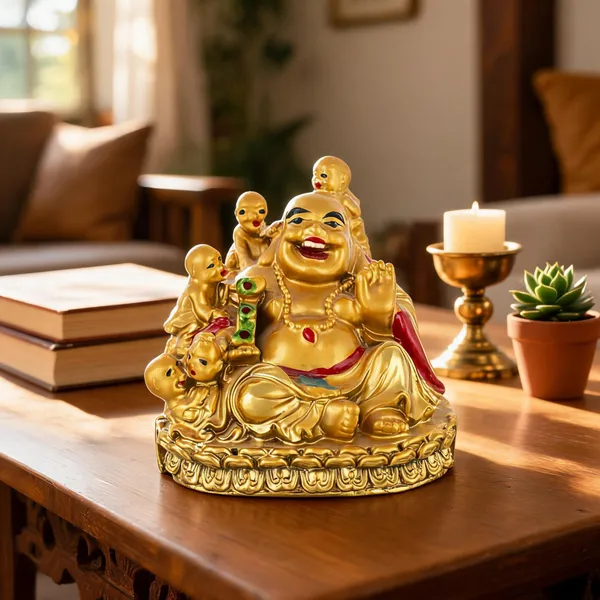 Pickartme_Feng_Shui_Laughing_Buddha_With_Children_Figurine_Happiness_And_Money_Wealth_Sitting_Idol_Decor_For_Pooja_Ghar_Office_Home_Temple_Motelala_Kids_Gold