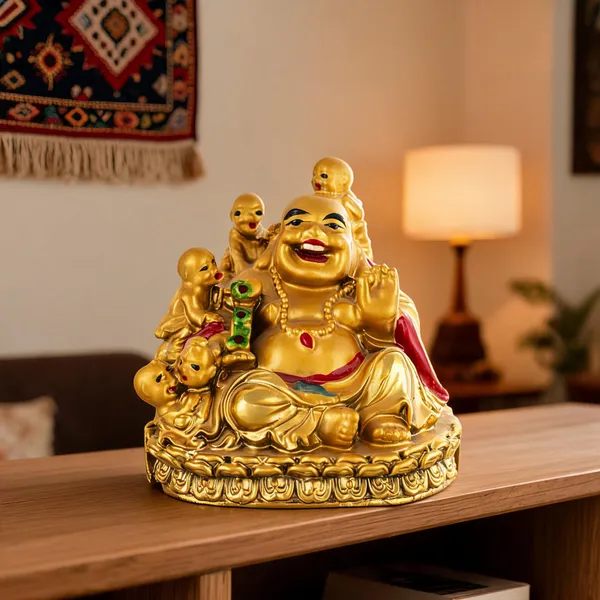 Pickartme_Feng_Shui_Laughing_Buddha_With_Children_Figurine_Happiness_And_Money_Wealth_Sitting_Idol_Decor_For_Pooja_Ghar_Office_Home_Temple_Motelala_Kids_Gold