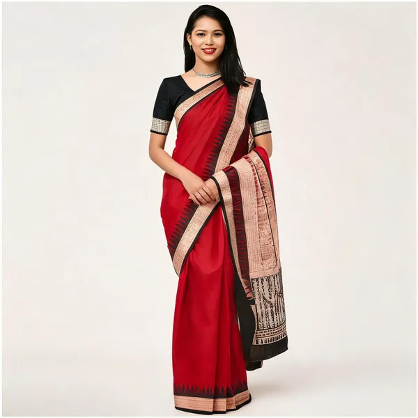 National_Sarees_Temple_Border_Sambalpuri_Art_Silk_Saree_(Red)