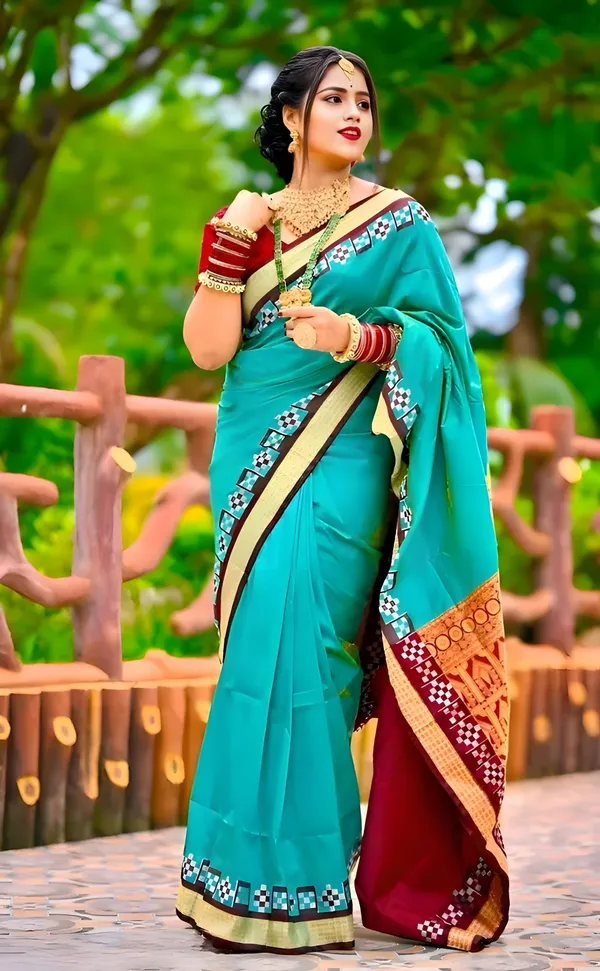 Weaver_Store_Temple_Border_Sambalpuri_Art_Silk_Saree_(Light_Green)