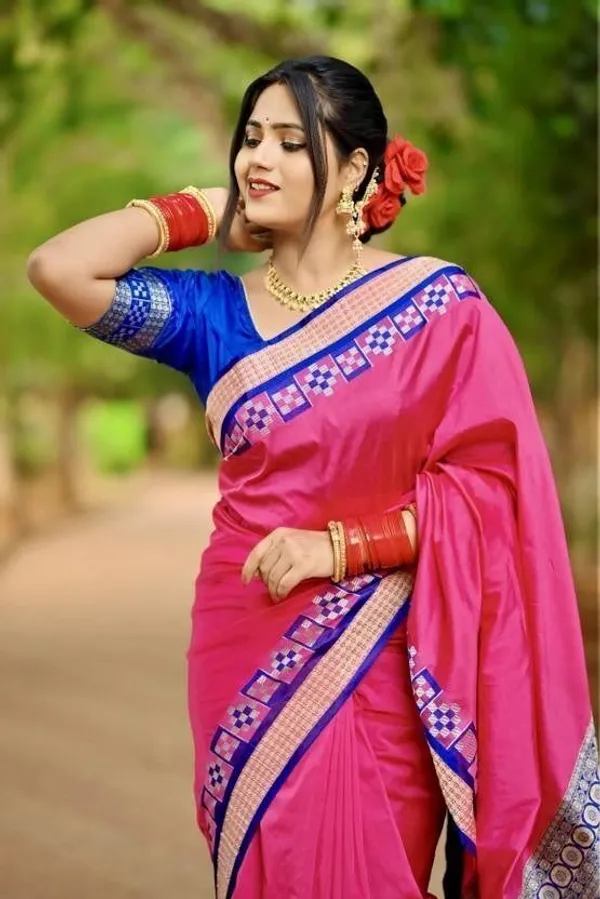 National_Sarees_Temple_Border_Sambalpuri_Art_Silk_Saree_(Pink)