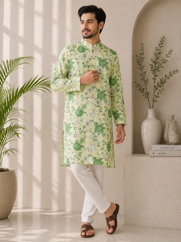 Men's_Light_Green_Floral_Printed_Cotton_Kurta