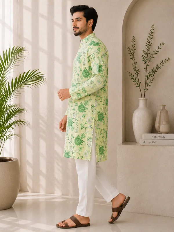 Men's_Light_Green_Floral_Printed_Cotton_Kurta