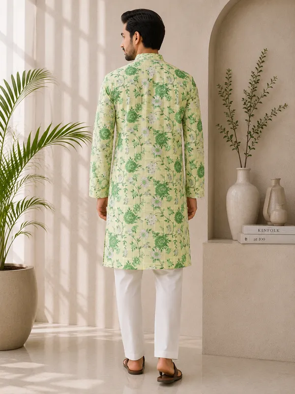 Men's_Light_Green_Floral_Printed_Cotton_Kurta