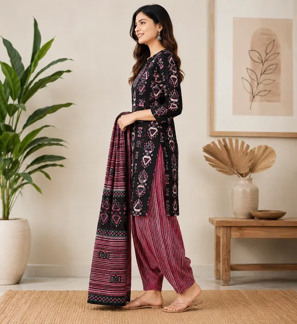 Women_Black_&_Pink_Printed_Kurta_Pant_Dupatta_Set