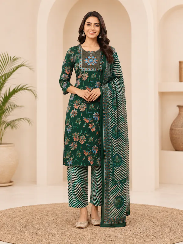 Women_Bottle_Green_Floral_Printed_Kurta_Pant_Dupatta_Set