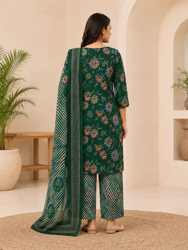 Women_Bottle_Green_Floral_Printed_Kurta_Pant_Dupatta_Set