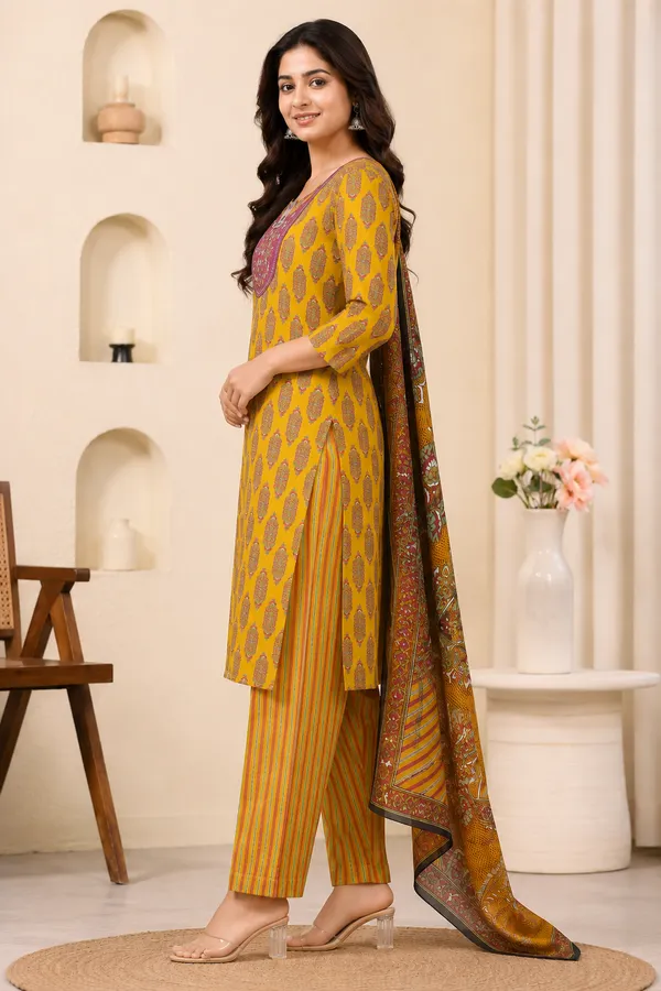 Women_Mustard_Yellow_Printed_Kurta_Pant_Dupatta_Set