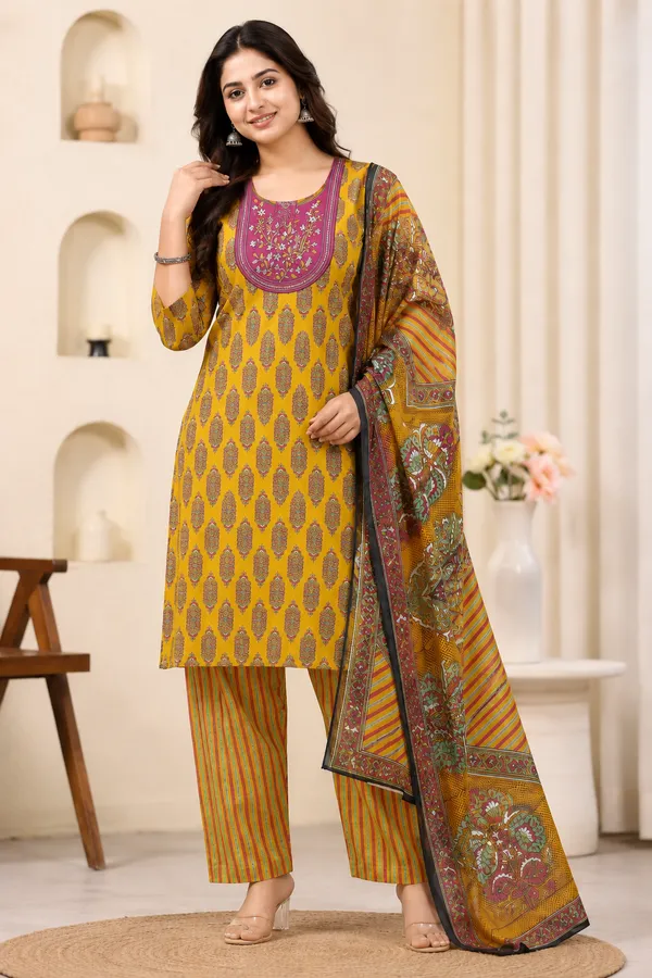 Women_Mustard_Yellow_Printed_Kurta_Pant_Dupatta_Set